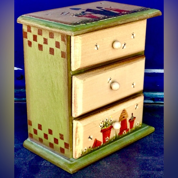Vintage Wooden Hand Painted 3 Drawer Tiers Honeybee Hive HERB STORAGE Spice Box - Picture 9 of 10
